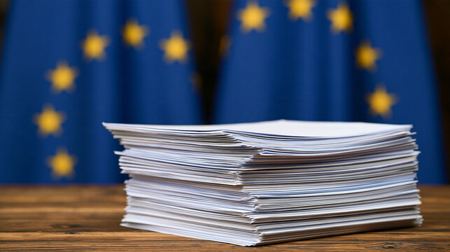 A stack of paper documents sits on a wooden desk with European flags in the background. Useful for European legislation and policy concepts.