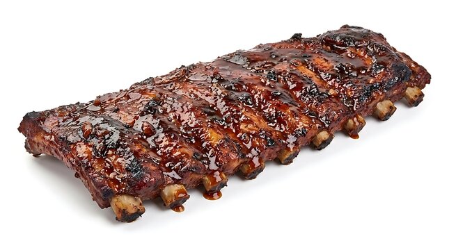 A full rack of delicious barbecued pork ribs glazed with a rich, glossy barbecue sauce, isolated on a clean white background