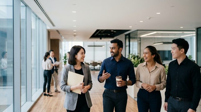 Diverse group of professional colleagues walking and talking together in a modern bright office corridor.