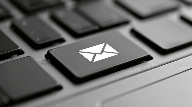 Email icon printed on a modern black keyboard key under soft lighting. Great for business communication and digital messaging concepts.