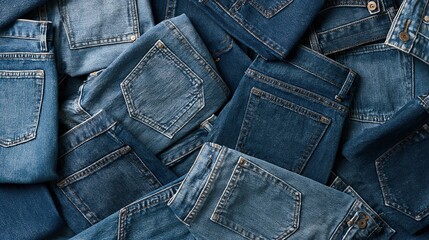 Fototapeta premium Stacked blue denim jeans with back pockets