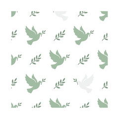 Fototapeta premium Seamless Pattern Featuring Stylized Green Doves Of Peace And Olive Branches On A Clean White Background Perfect For Religious Or Holiday Designs Dove