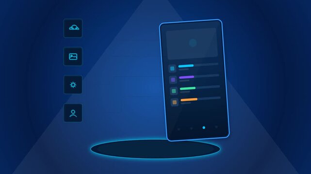 Premium smartphone application operating in a stable normal state with connected digital service nodes, animated interface activity, data signals and glowing technology environment.