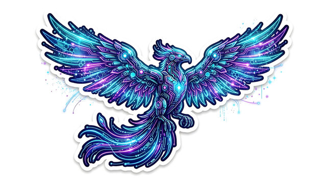 Cybernetic phoenix bird with glowing neon circuit patterns on a white background