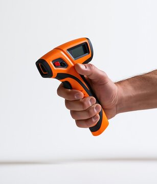 Hand holding orange infrared thermometer device