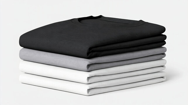A neat stack of folded black, grey, and white t-shirts isolated on white background. Perfect apparel mockup for retail presentation.