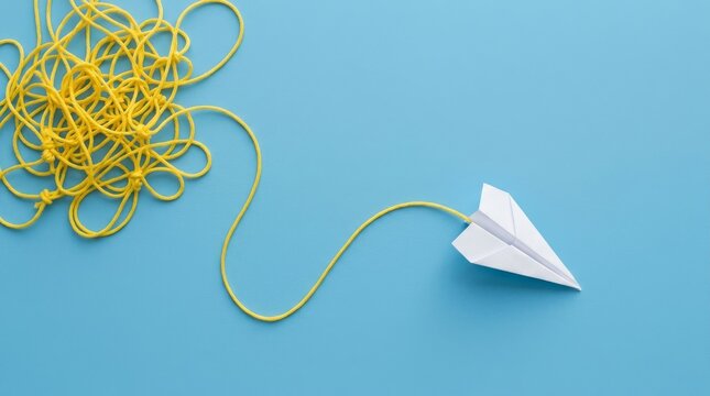 Minimalist conceptual photo of a white paper plane pulling a straight line from a tangled yellow string mess on a blue background, symbolizing problem solving, creative ideas, and simplicity.