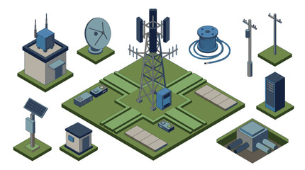 Obraz premium Elegant Isometric of Modern Telecommunications Infrastructure with Network Towers Satellites Servers and Solar Panels