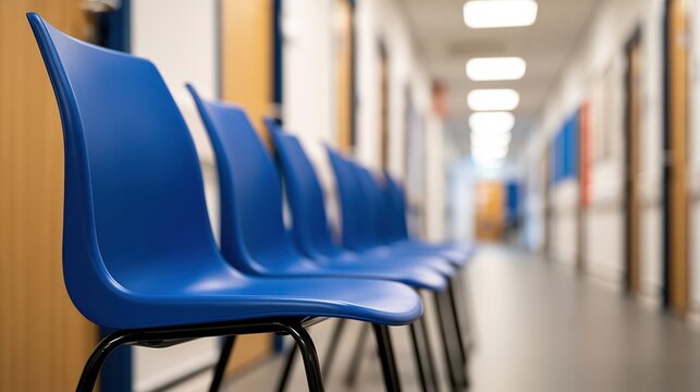 Empty blue chairs in a long school hallway