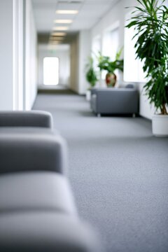 Modern office hallway with grey sofas and green
