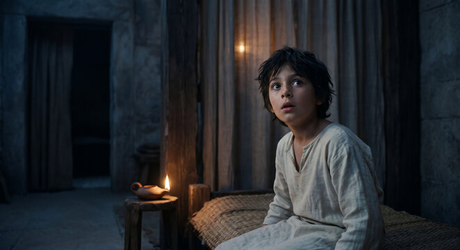 Young Samuel Hearing God's Voice Calling Him in the Temple at Night, 1 Samuel 3 Biblical Story of Faith and Calling
