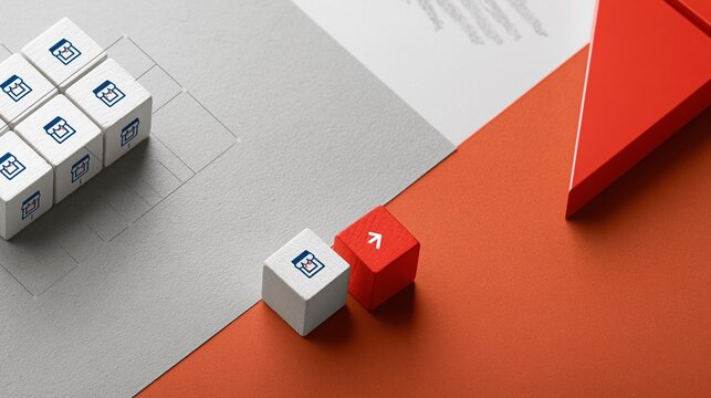 White and red blocks with icons on colored
