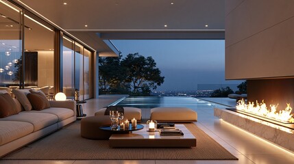 Fototapeta premium Modern outdoor terrace with pool and fireplace at