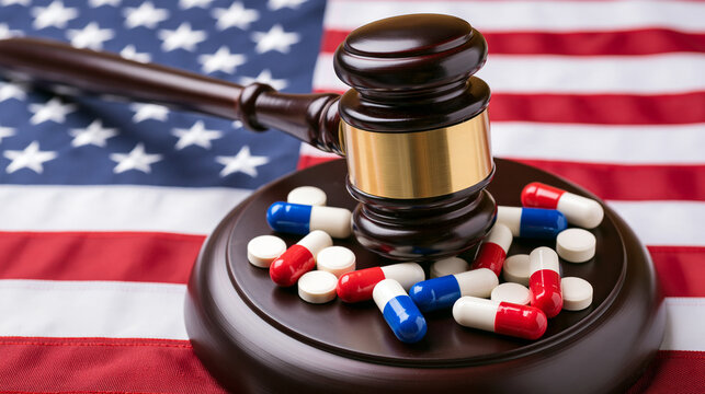 A judge gavel rests on a sounding block surrounded by prescription pills and capsules over an American flag. Ideal for healthcare law and pharmaceutical litigation concepts.
