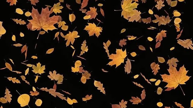 Autumn leaves scatter across a dark background in a vibrant display of seasonal colors and organic foliage shapes.