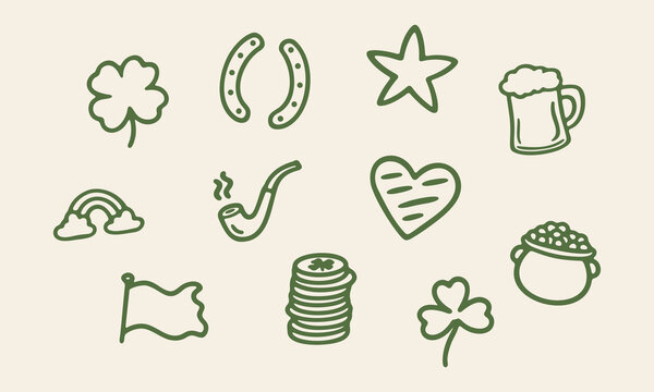 St. Patrick'S Day And Irish Luck Symbols Hand Drawn Doodle Icon Set. Holiday Celebration Sketch Symbol Collection. Festive Decoration And Event Promotion. Isolated Vector Illustration