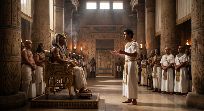Joseph Explaining Pharaoh's Dream of Seven Fat Cows and Seven Thin Cows in the Egyptian Court, Genesis 41 Bible Story
