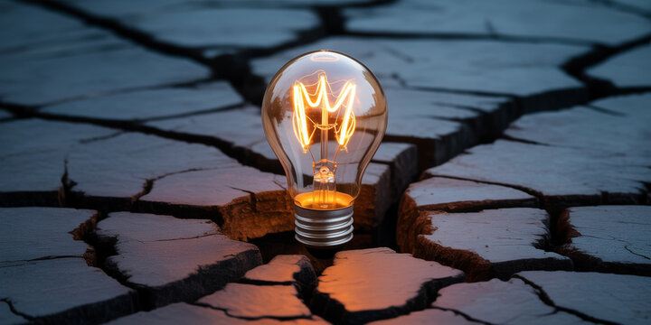 Illuminated light bulb resting inside a deep crack on dry dark parched earth ground surface texture