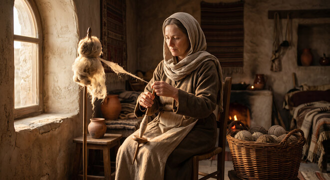 Woman of Noble Character Spinning Wool and Working With Her Hands, Proverbs 31 Biblical Illustration of Wisdom and Diligence
