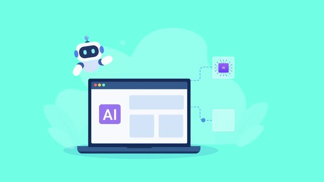 Flat vector animation showing an AI workflow on a laptop with a robot, AI icons, and verification elements on a bright cyan background.