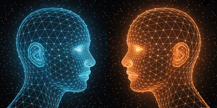 Two human heads made of glowing blue and orange digital wireframe mesh