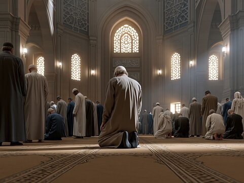 Muslim men praying inside mosque with arched windows