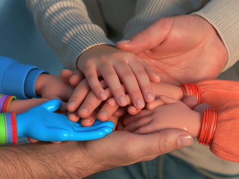 Diverse hands stacked together showing unity and support