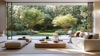 Fototapeta premium Modern living room interior with glass doors opening