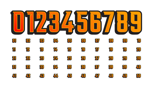 Bold orange sports number font set, digits 0 9 plus 01 50 with black outline and shadow. Number fonts for jerseys, racing, team uniforms, posters. Vector Illustration