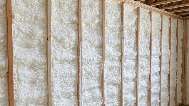 Spray polyurethane foam insulation applied between wooden wall studs in a residential construction project. Ideal for energy efficiency and home remodeling concepts.