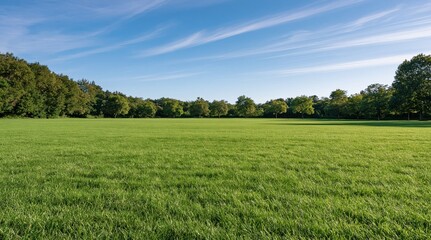 Obraz premium expansive green meadow surrounded by dense forest under