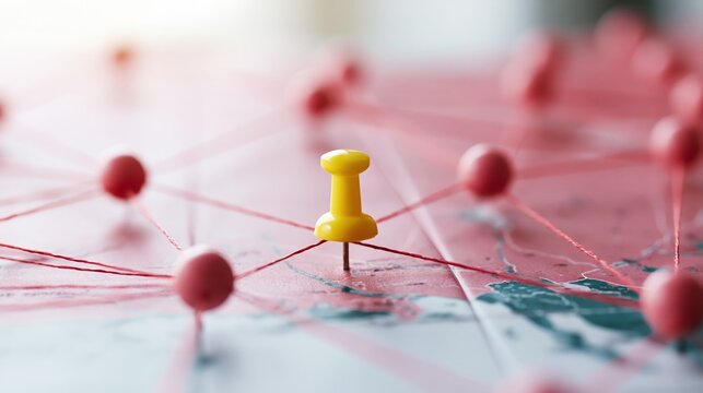Yellow pushpin connected to red pins on pink