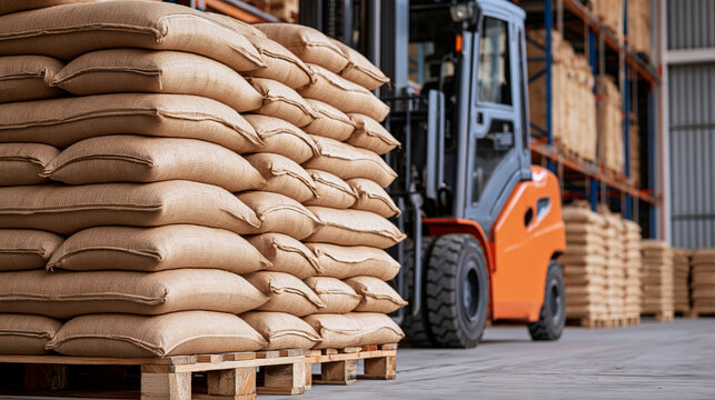 Stacked burlap sacks of grain sit on wooden pallets in a large industrial warehouse with a forklift. This image is ideal for supply chain and logistics concepts.