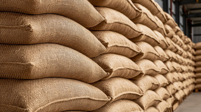 Rows of heavy burlap sacks stacked neatly inside a large industrial warehouse. Agricultural supply concept for grain and food storage trade ads.