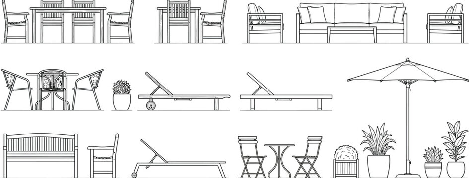 Set of outdoor furniture vector CAD architectural drawings isolated on transparent background for patio and garden planning