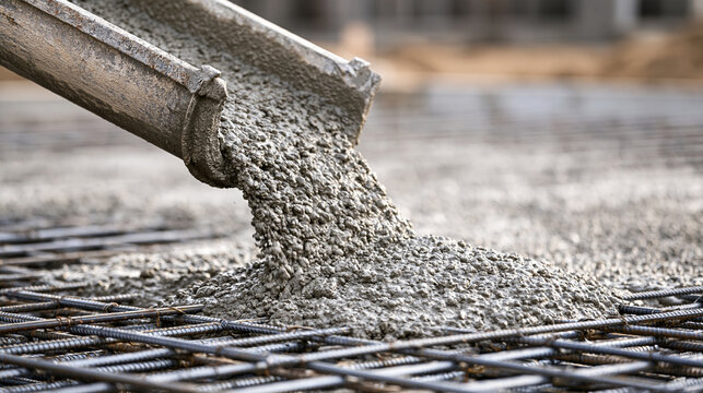 Concrete pouring from a chute onto rebar reinforcement at a construction site. A concept for building and infrastructure development.