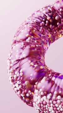 Pink particles in the inflatable soft balloon, 3d rendering.