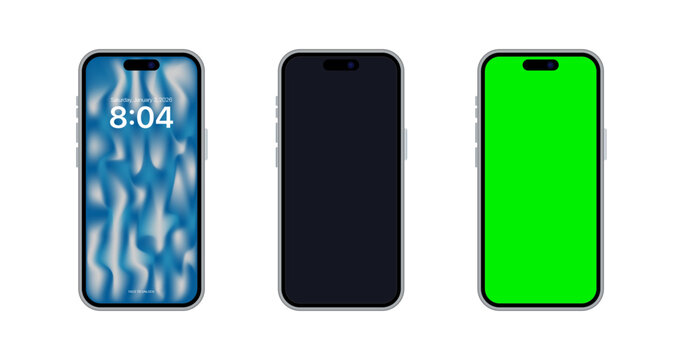 iPhone 16 Pro mockup set with lock screen, blank black screen, and green screen chroma key isolated on white background.