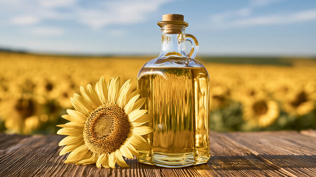 Bottle of golden sunflower oil rests on a wooden table next to a sunflower, with a field of sunflowers in the background.