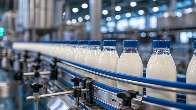 Bottles of milk move along a conveyor belt in a modern food production factory. This image represents dairy industry and mass production.