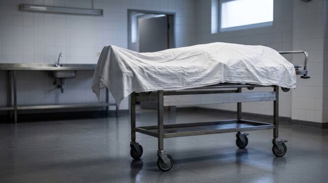 An empty morgue room with a gurney covered by a white sheet symbolizing fatal tragedy linked to expired medication, conveying a somber atmosphere and grim reality