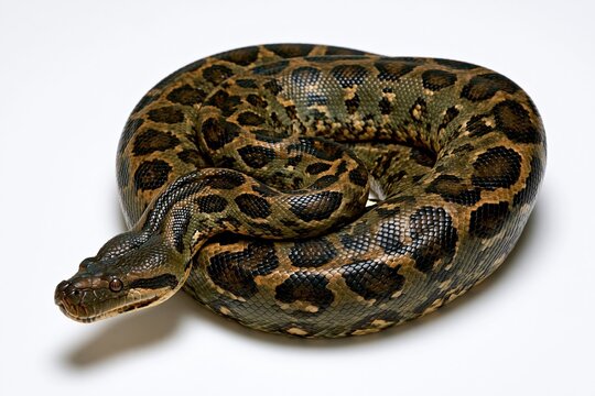 Coiled python with patterned scales on white background