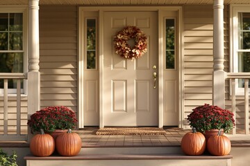 Obraz premium Front porch decorated with pumpkins and wreath