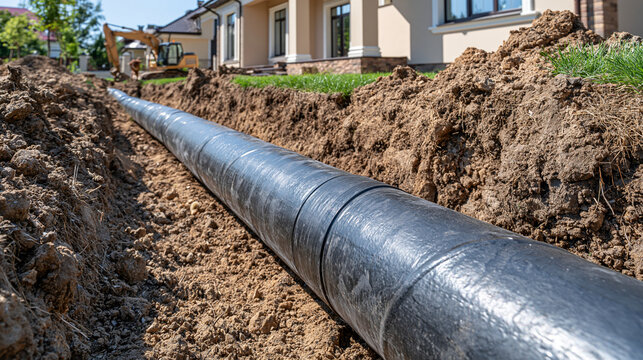 Large black industrial pipe laid inside a deep construction trench outdoors in daylight. Utility installation concept for civil engineering projects.