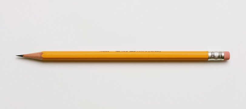 Yellow wooden pencil with eraser lying on white