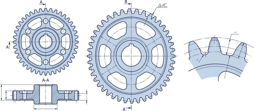 Precision CAD architectural drawings illustrating detailed mechanical gears and various engineering components, isolated on transparent background for technical design and industrial visuals
