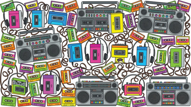 Retro Boombox and Cassette Tape Seamless Pattern with Colorful Portable Music Players, Headphones, Audio Cables, and Vintage Music Accessories
