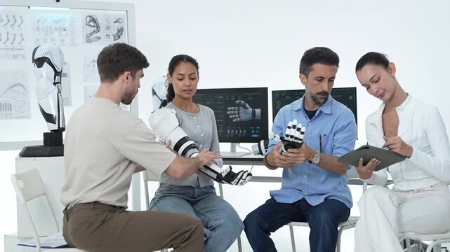Wearable robotic arm calibration with monitors displaying a 3D robot hand interface, engineers fine tune the exoskeleton on a seated volunteer