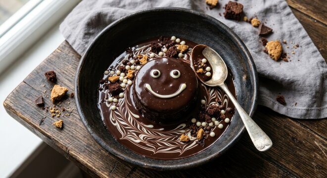 Gourmet chocolate dessert featuring a creative smiley face design in a bowl of rich ganache with artistic swirls, cookie crumbles, and white pearls on a rustic wooden table.