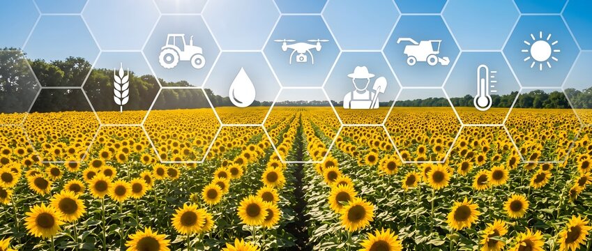 Smart agriculture icons over golden sunflower field in rural landscape.